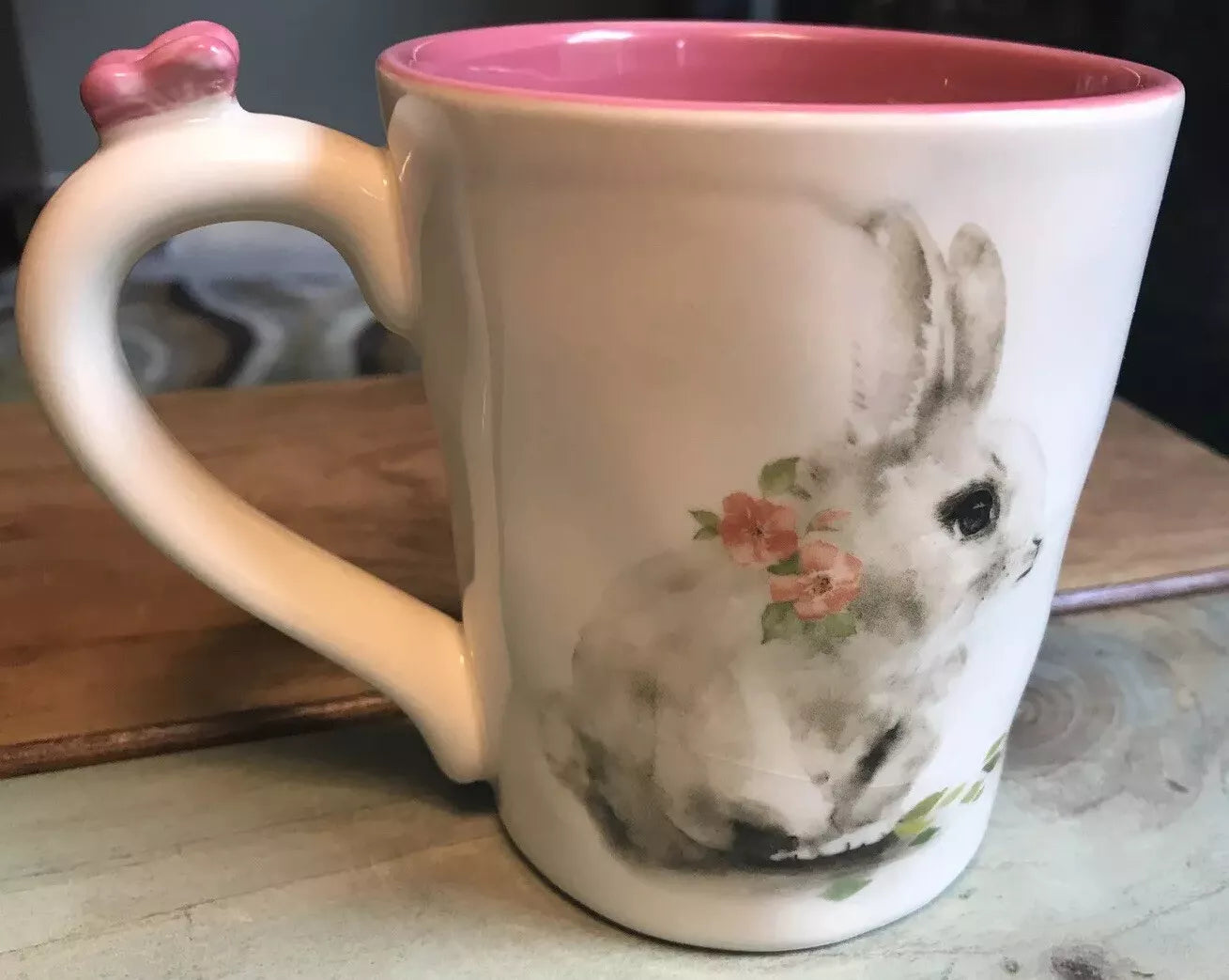 Pier 1 Bunny Pals Coffee Mug Tea Cup Rabbit with Pink Flowers and 3D Butterfly on Handle