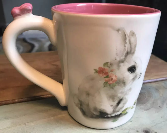 Pier 1 Bunny Pals Coffee Mug Tea Cup Rabbit with Pink Flowers and 3D Butterfly on Handle