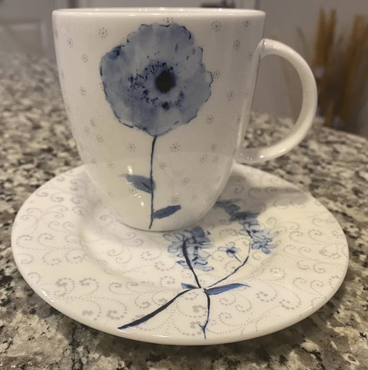 Lenox Watercolor Indigo Blue Floral Tea Cup with Saucer Chip Resistant Bone China