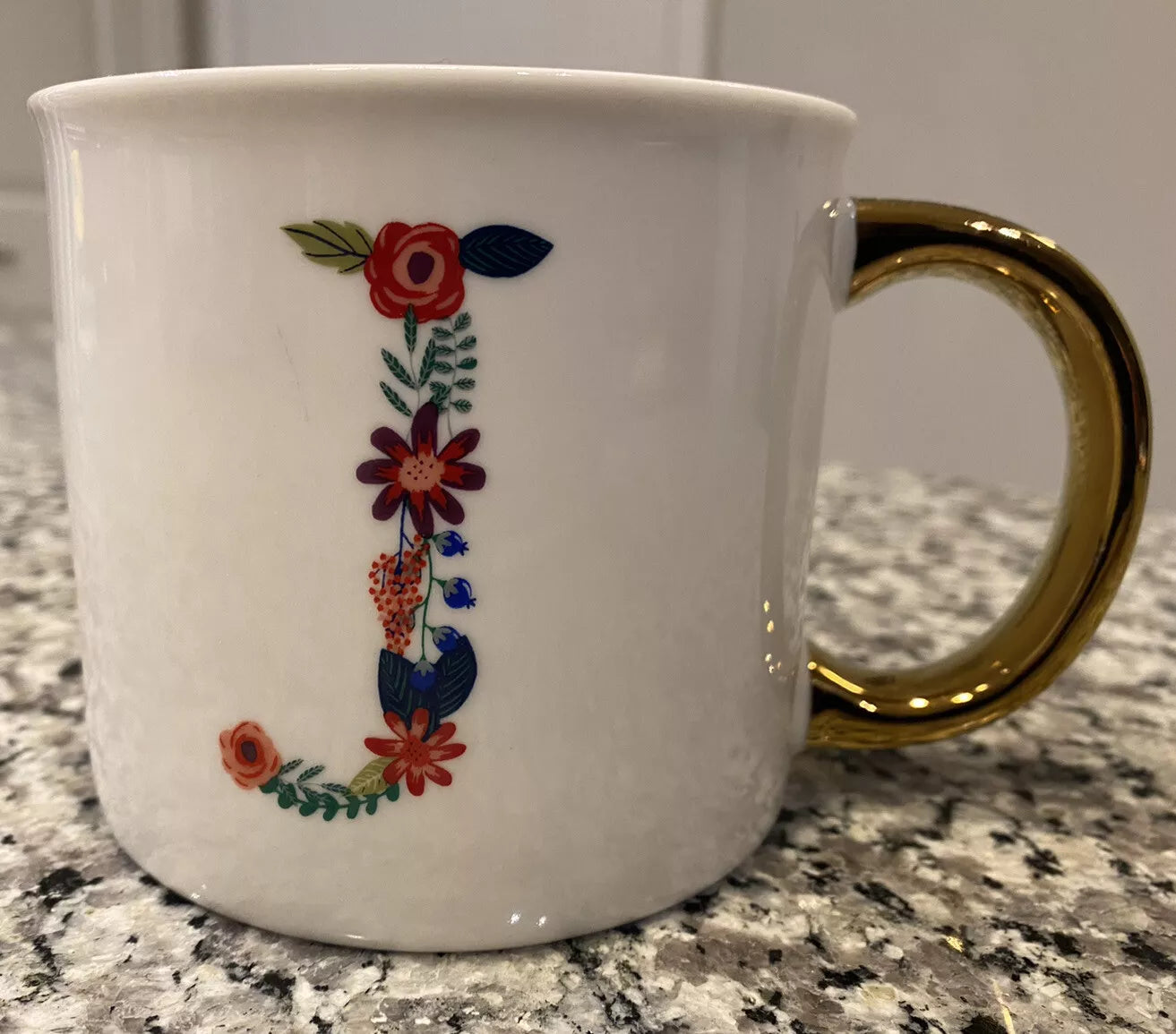 Monogram “J” Initial Coffee Mug Tea Cup Floral with Gold Handle Porcelain Opal House