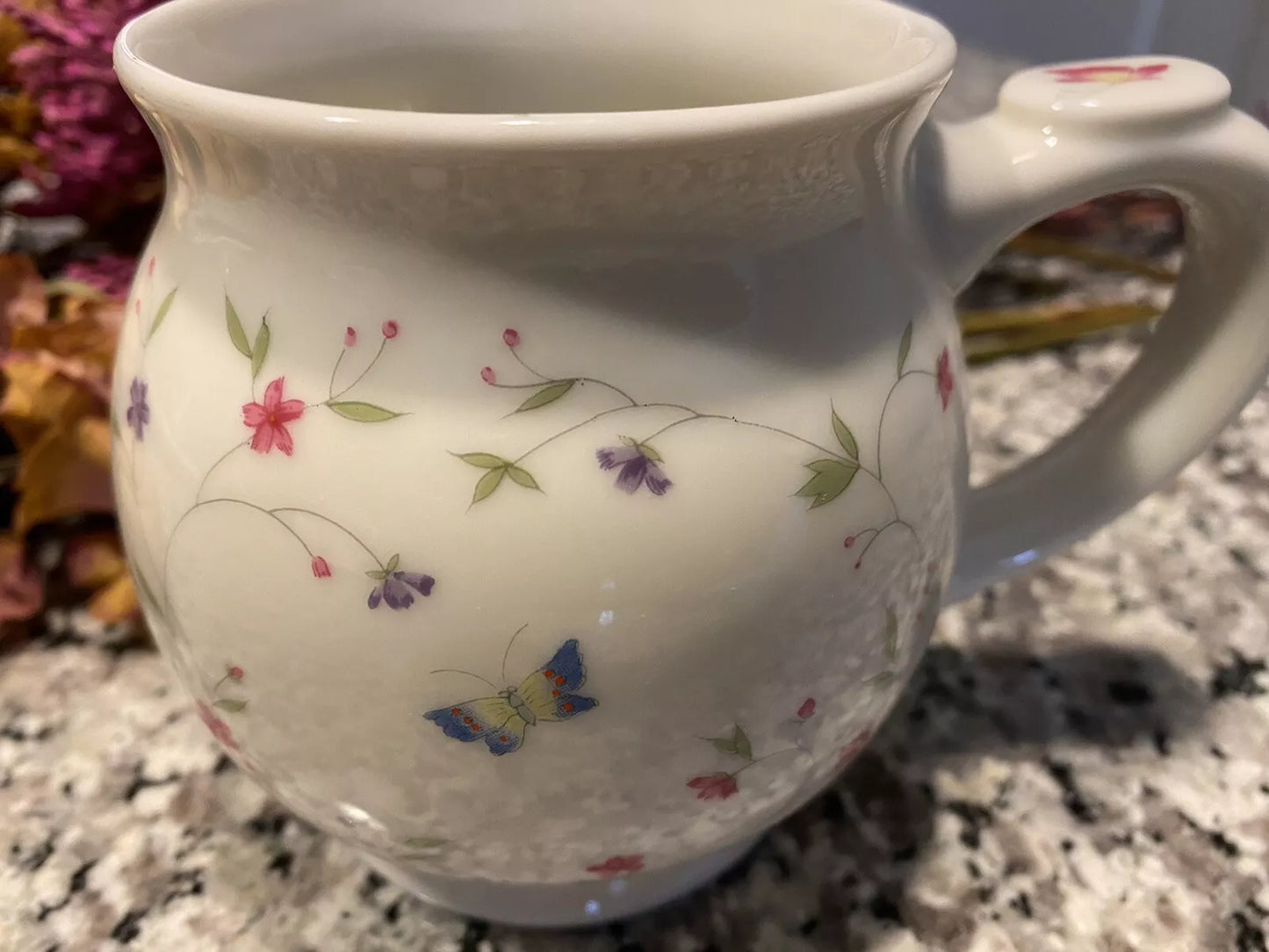 Pastel Florals with Butterflies Pot Belly Ceramic Mug and Tea Bag Holder Vintage Herman Dodge Design for Hues + Brews