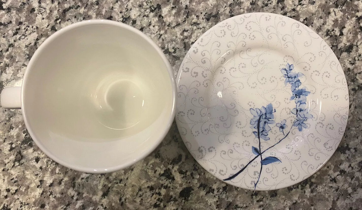 Lenox Watercolor Indigo Blue Floral Tea Cup with Saucer Chip Resistant Bone China