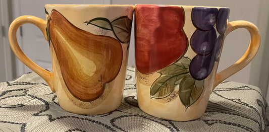 Set of Two Home Trends Coffee Mugs Tea Cups Grape Apple Pear Verdona Fruit