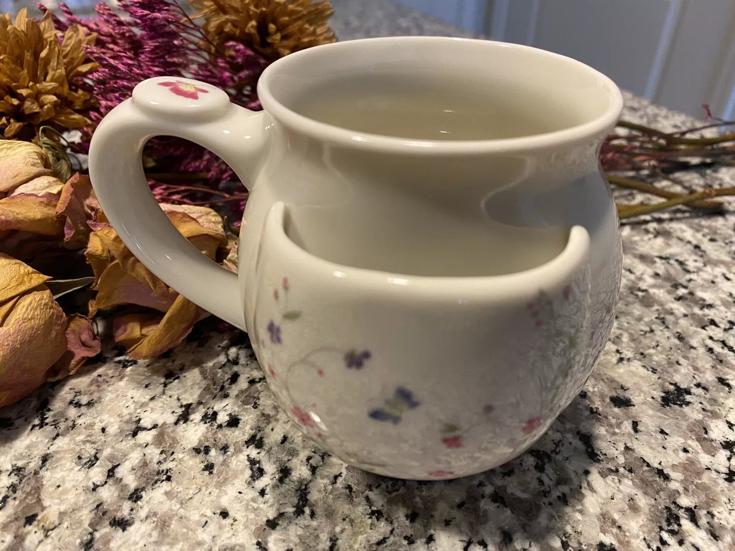 Pastel Florals with Butterflies Pot Belly Ceramic Mug and Tea Bag Holder Vintage Herman Dodge Design for Hues + Brews