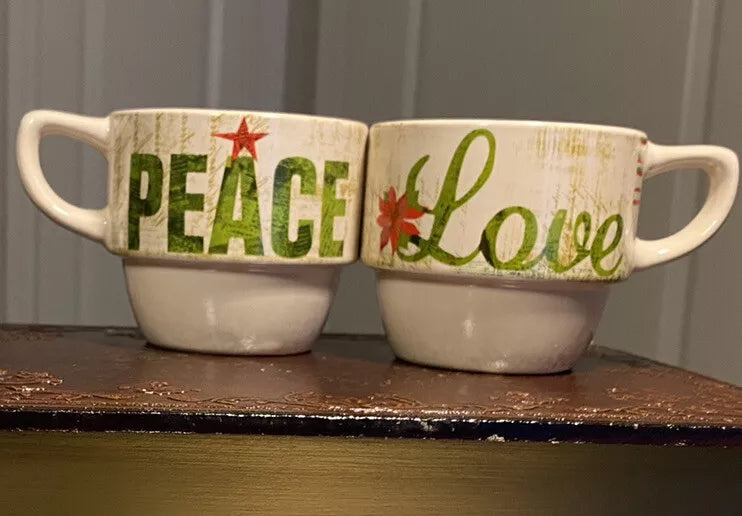 Set of Two Pier 1 Imports Stacking “Peace” & “Love” Coffee Mugs Tea Cups