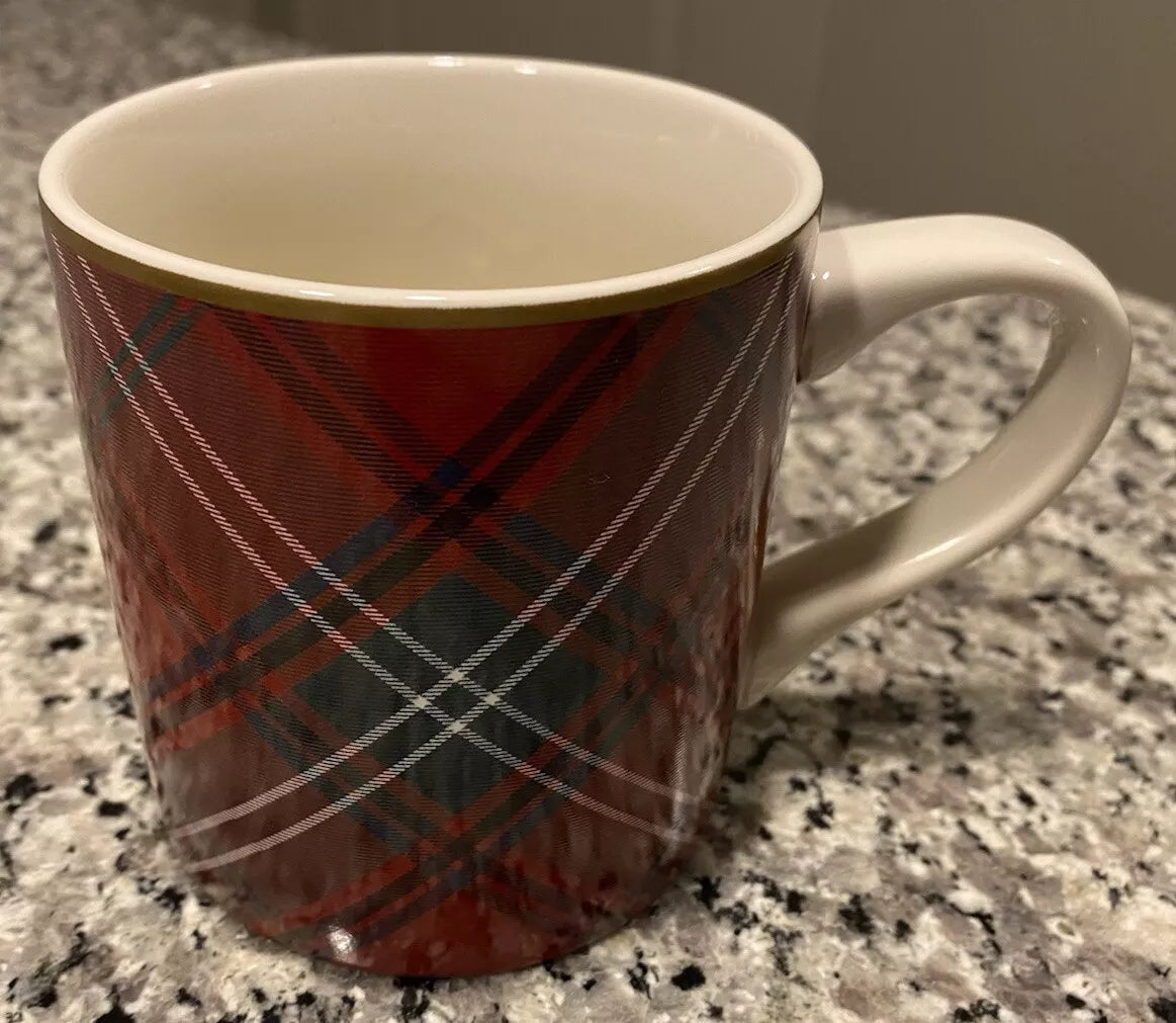 Set of Two Williams Sonoma Red Tartan Plaid Coffee Mugs Tea Cups