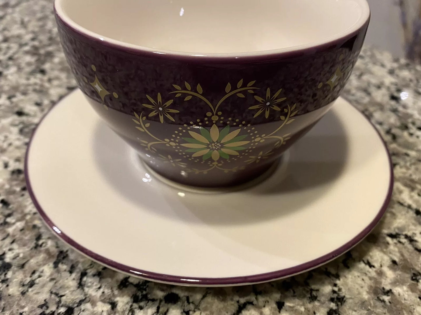 Set of Two Starbucks Purple with Gold Stars Coffee Mugs Tea Cups with Saucers 12 Oz