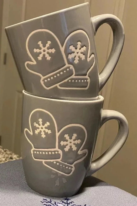 Set of Two California Pantry Gray Snowflake Mittens 12 Oz Coffee Tea Cups Mugs