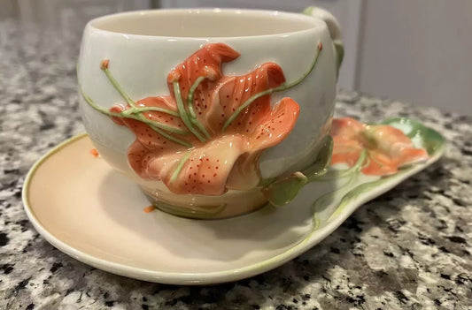 Floral Dream Orange Lily Flower Hand Painted Porcelain Cup & Saucer