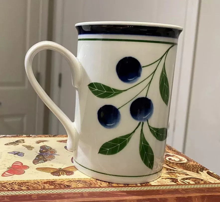 Dansk Berries Porcelain White Coffee Mug Tea Cup Blue Blueberries 10 Oz