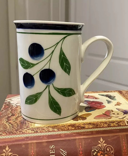 Dansk Berries Porcelain White Coffee Mug Tea Cup Blue Blueberries 10 Oz