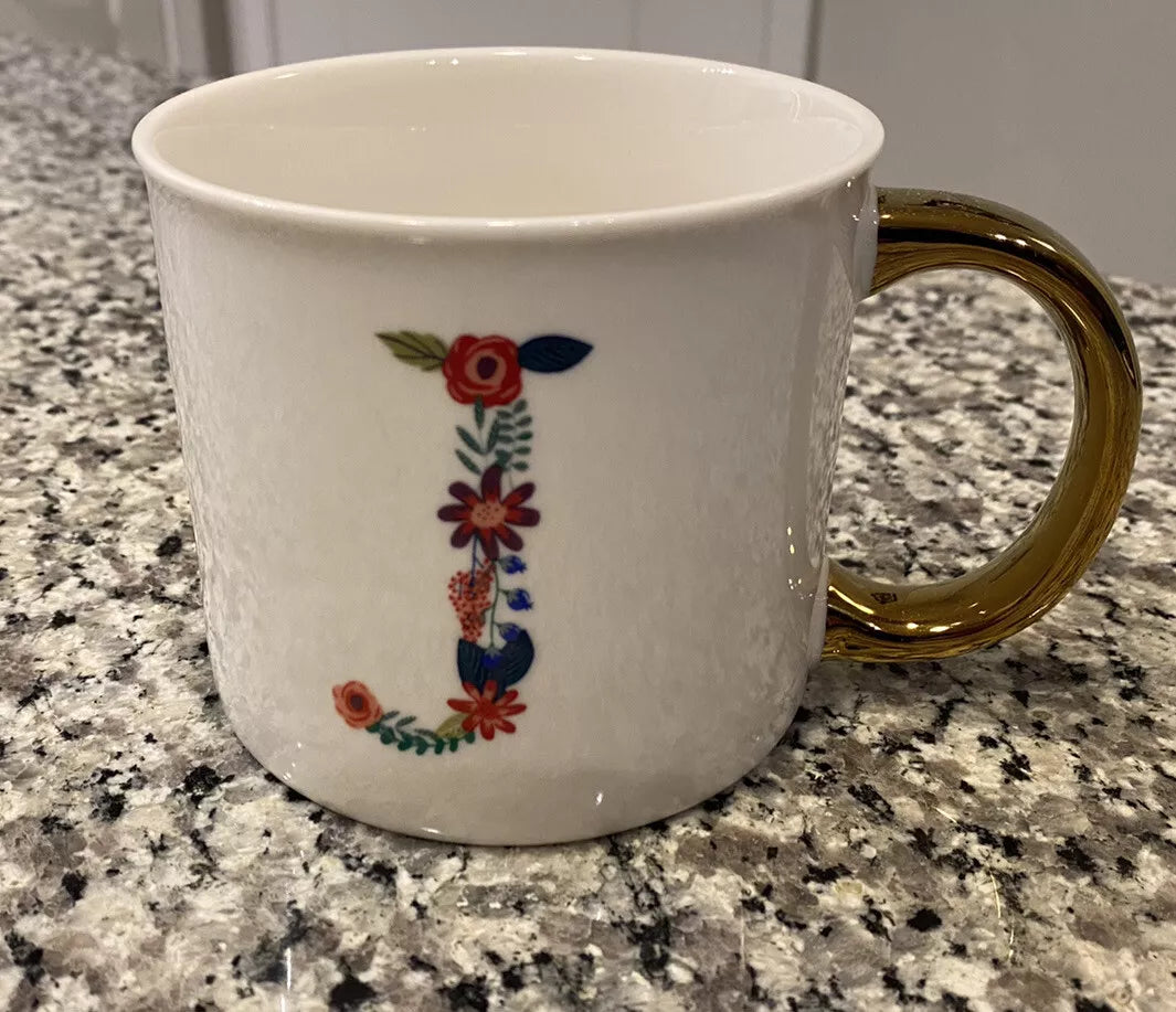 Monogram “J” Initial Coffee Mug Tea Cup Floral with Gold Handle Porcelain Opal House