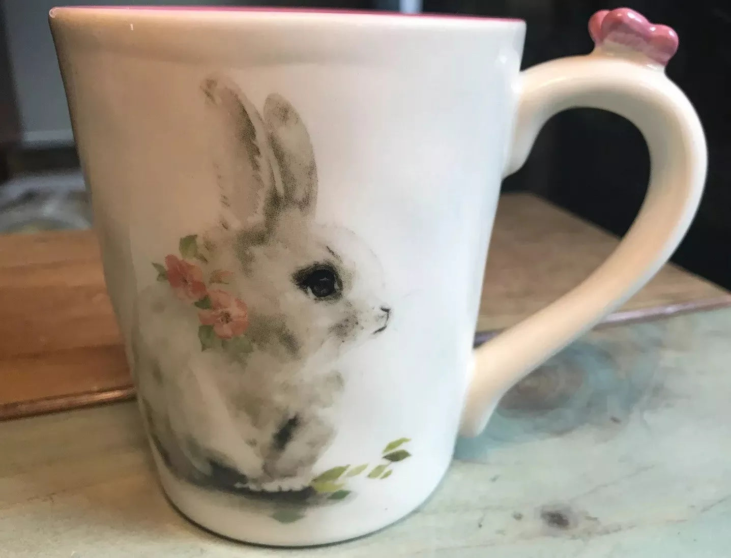 Pier 1 Bunny Pals Coffee Mug Tea Cup Rabbit with Pink Flowers and 3D Butterfly on Handle