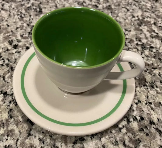 Set of Two Starbucks Espresso White and Green 3 oz Demi Demitasse Mini Coffee Cups Mugs