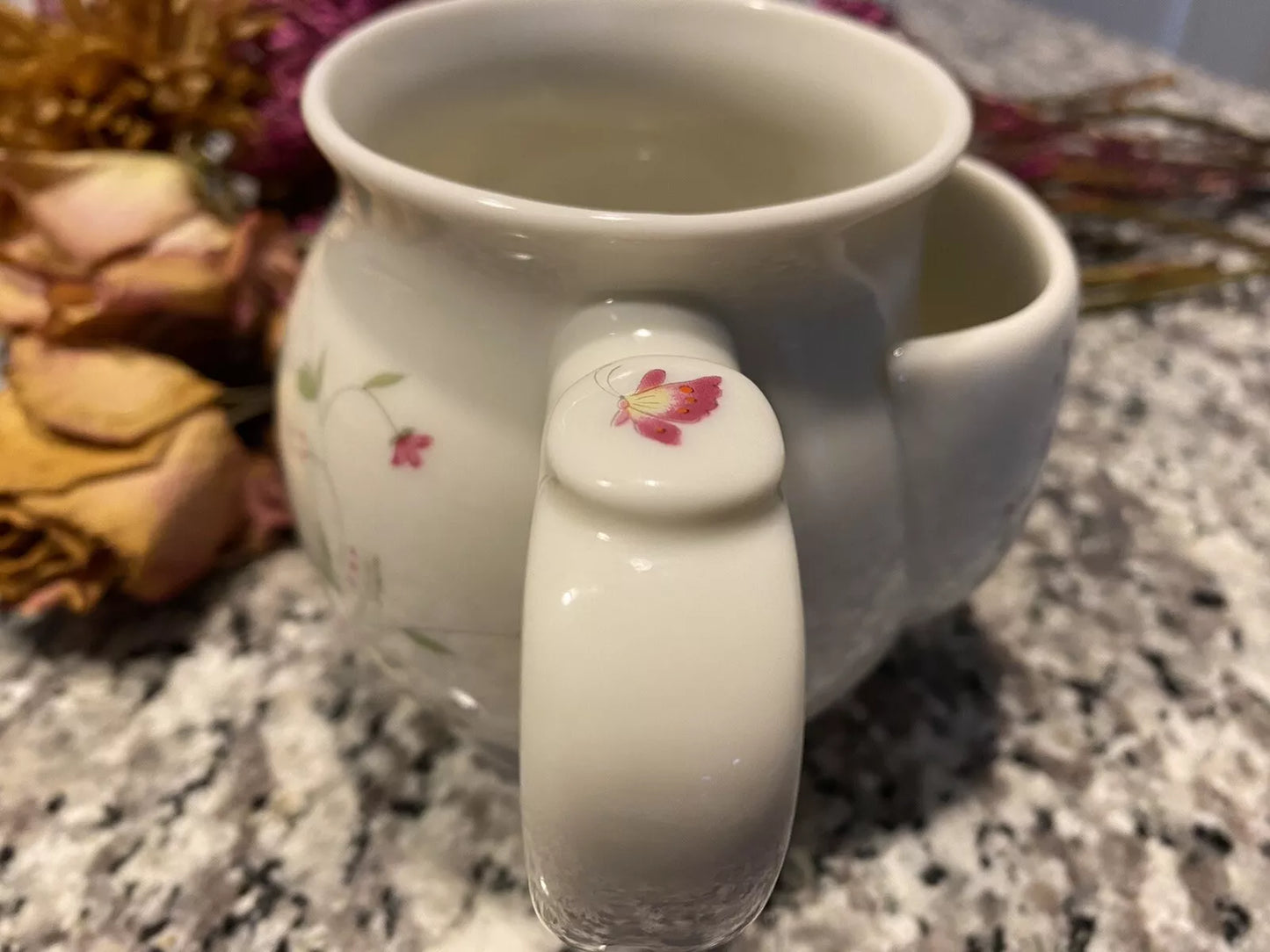 Pastel Florals with Butterflies Pot Belly Ceramic Mug and Tea Bag Holder Vintage Herman Dodge Design for Hues + Brews