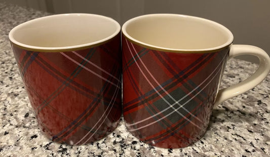 Set of Two Williams Sonoma Red Tartan Plaid Coffee Mugs Tea Cups