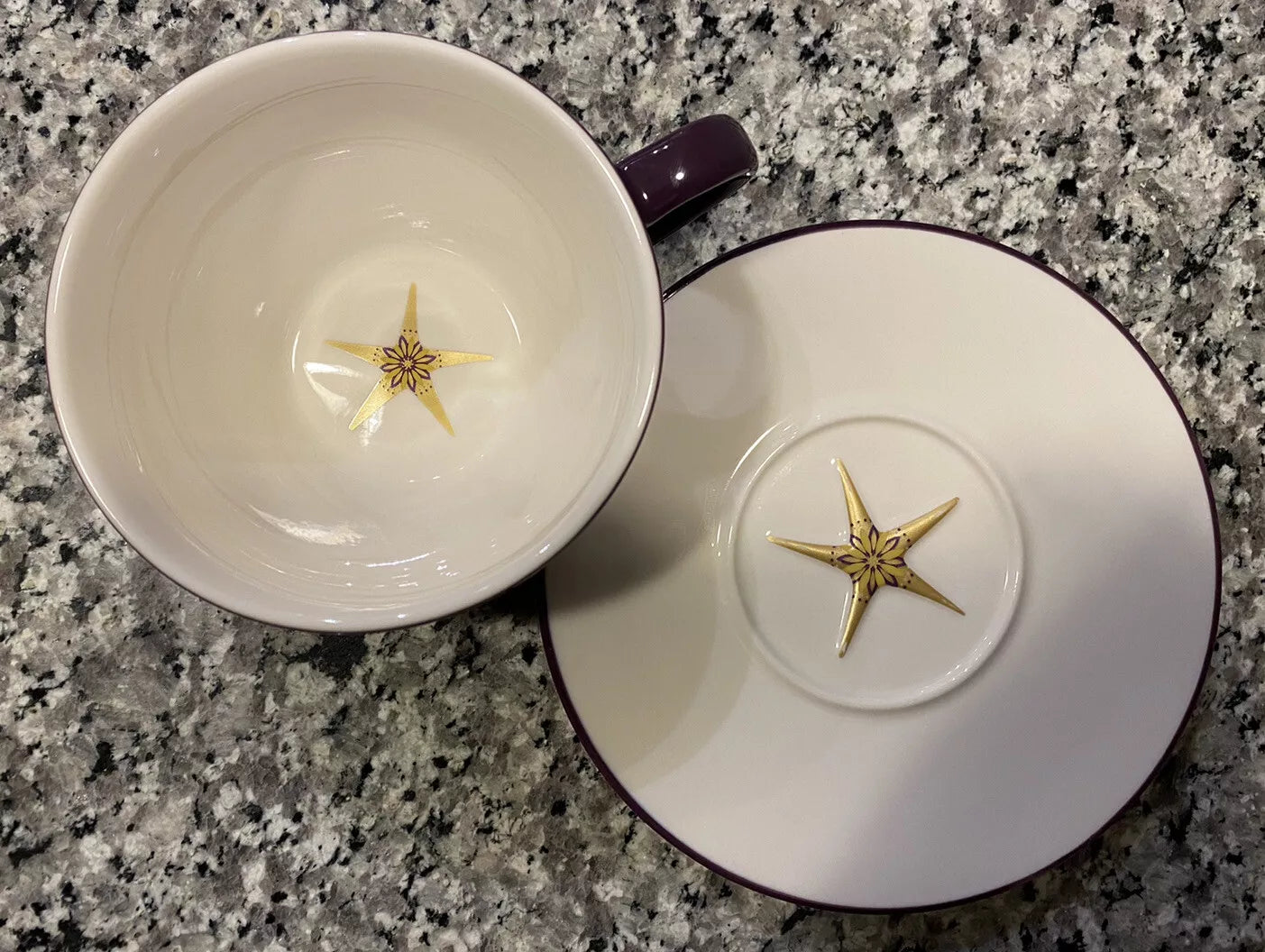 Set of Two Starbucks Purple with Gold Stars Coffee Mugs Tea Cups with Saucers 12 Oz