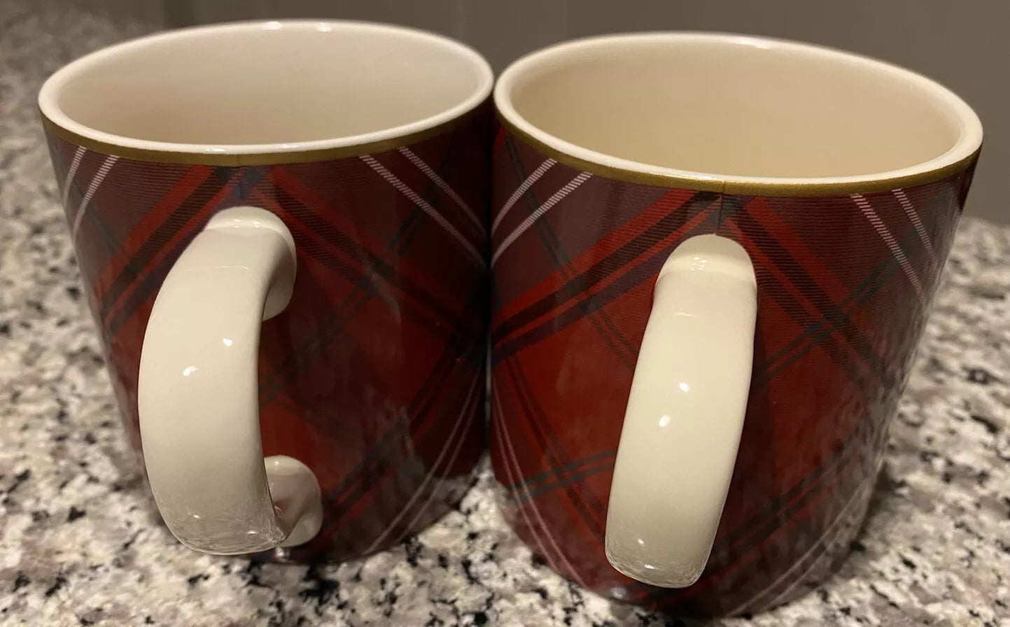 Set of Two Williams Sonoma Red Tartan Plaid Coffee Mugs Tea Cups