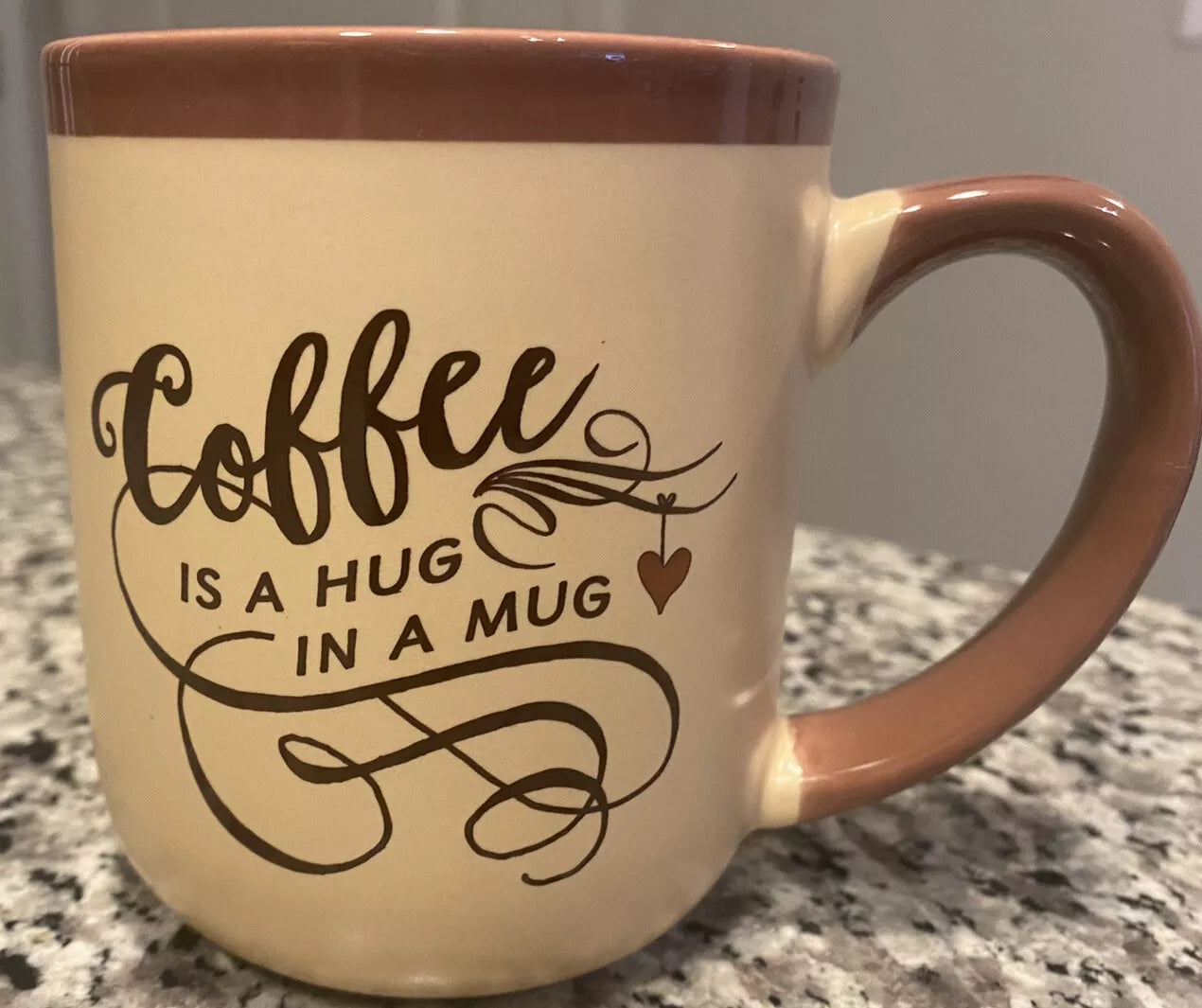 Coffee Is A Hug In A Mug 16 oz Beige w/ Little Heart and Brown Interior