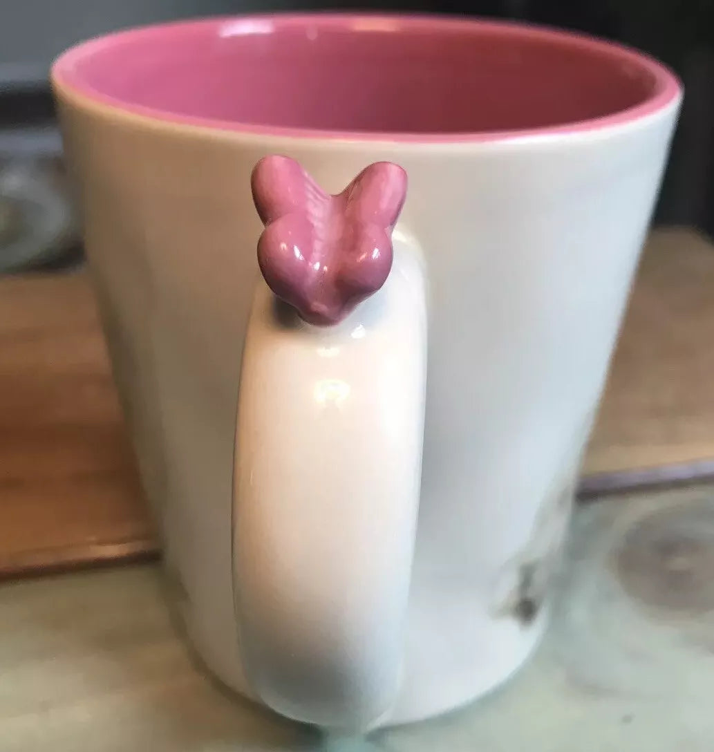 Pier 1 Bunny Pals Coffee Mug Tea Cup Rabbit with Pink Flowers and 3D Butterfly on Handle