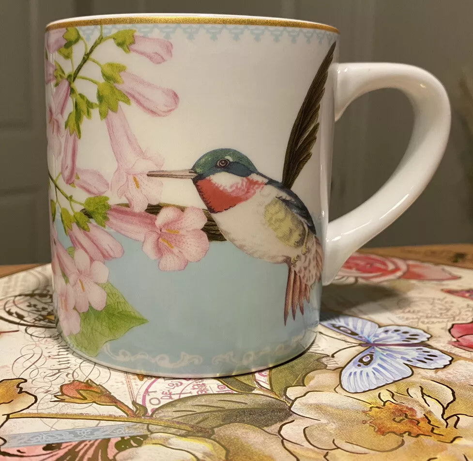 Williams Sonoma Hummingbird Coffee Mug Tea Cup Hummer, Butterfly, and Flowers