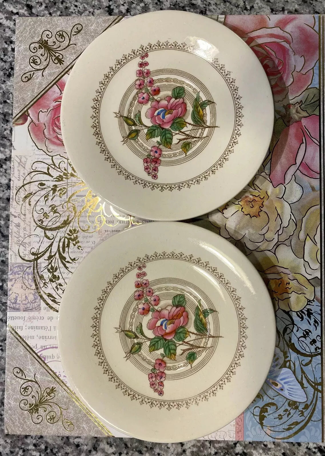 Set of Two Vintage Floral Crown Ducal Wild Rose #5105 Tea Cups and Saucers