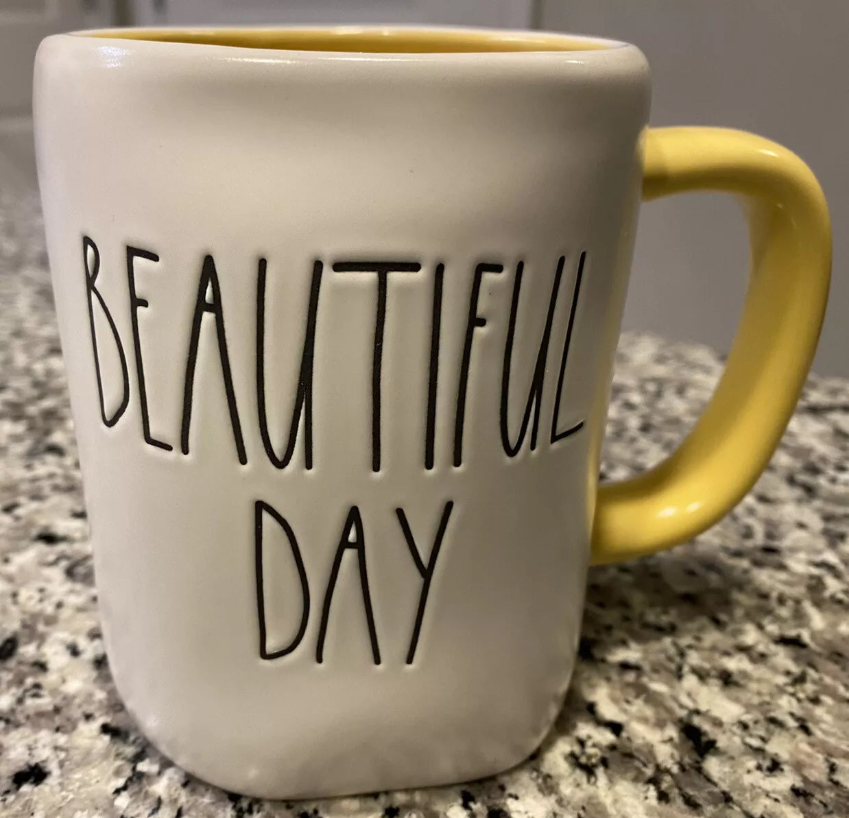 Rae Dunn Ivory and Bright Yellow Coffee Mug Tea Cup “Beautiful Day” 18 Oz