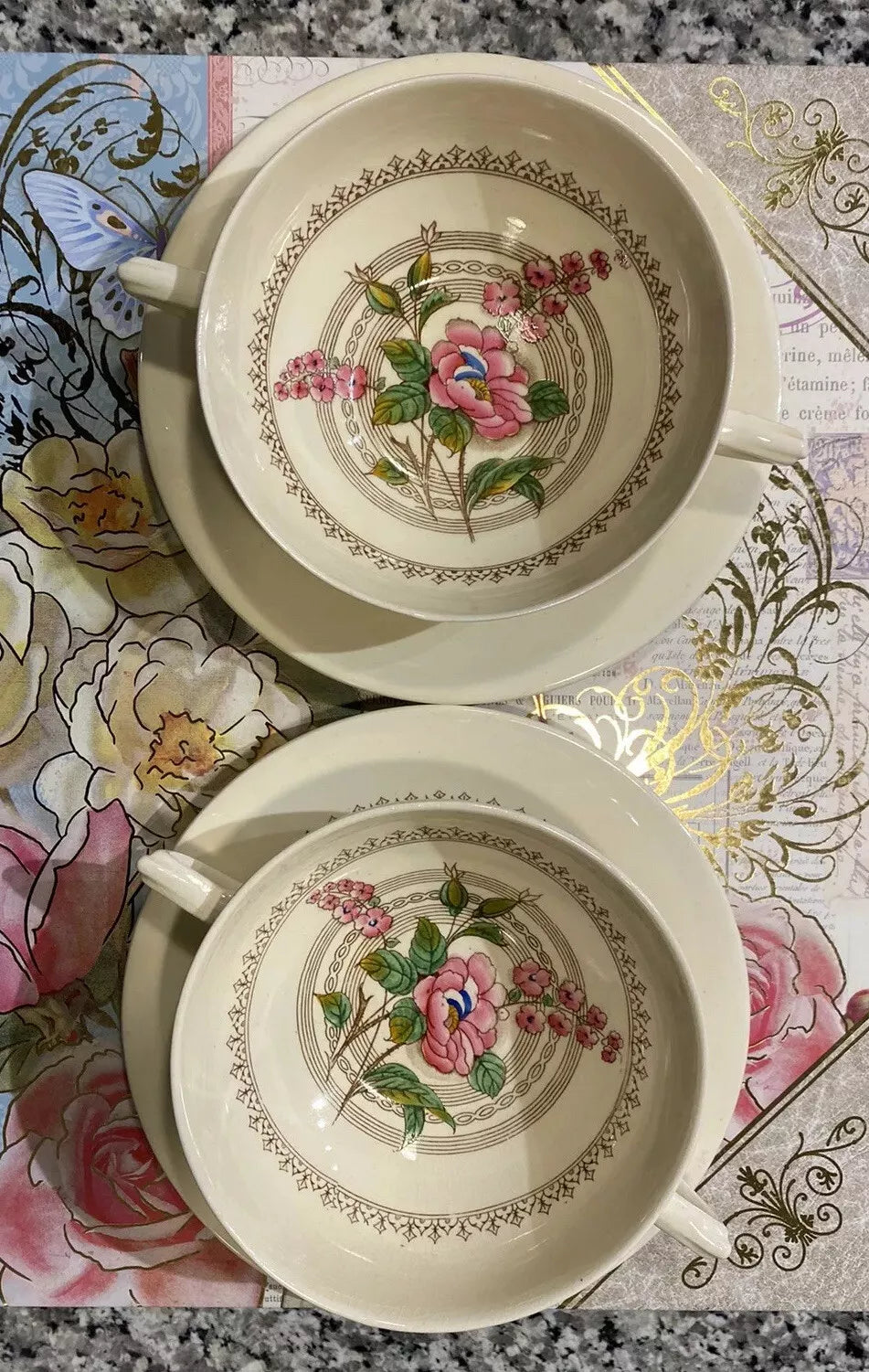 Set of Two Vintage Floral Crown Ducal Wild Rose #5105 Tea Cups and Saucers