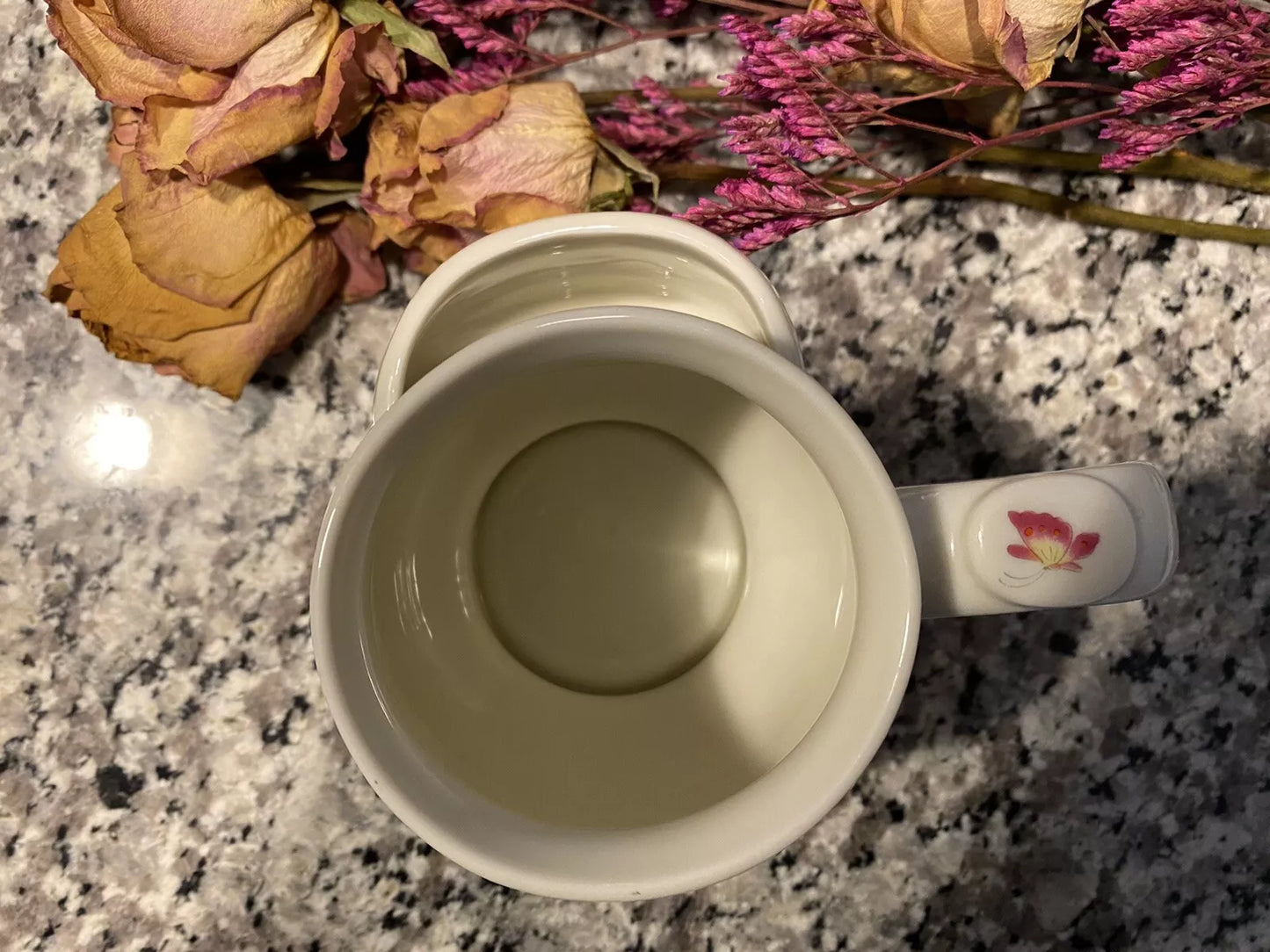 Pastel Florals with Butterflies Pot Belly Ceramic Mug and Tea Bag Holder Vintage Herman Dodge Design for Hues + Brews