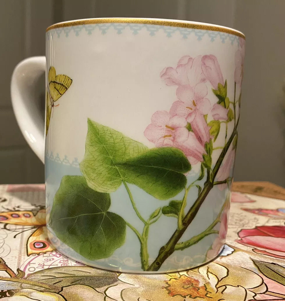 Williams Sonoma Hummingbird Coffee Mug Tea Cup Hummer, Butterfly, and Flowers