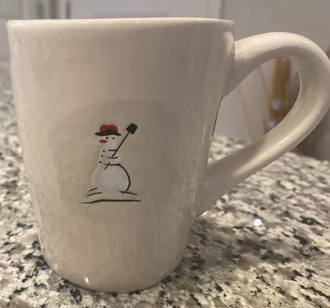 Set of Two Williams Sonoma Snowman with Black Shovel Coffee Mug Tea Cup 12 Oz