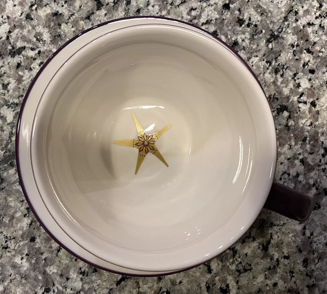 Set of Two Starbucks Purple with Gold Stars Coffee Mugs Tea Cups with Saucers 12 Oz