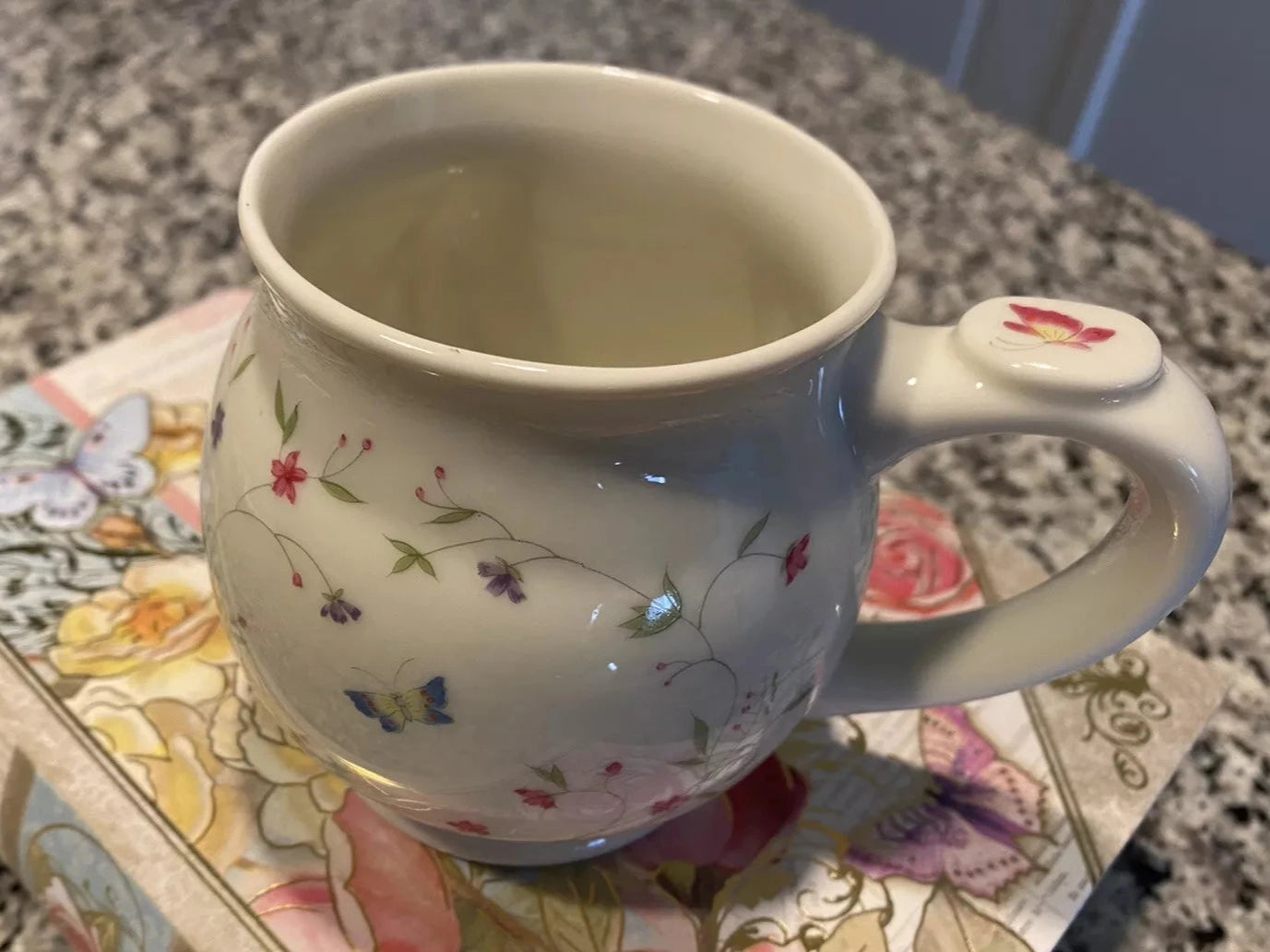 Pastel Florals with Butterflies Pot Belly Ceramic Mug and Tea Bag Holder Vintage Herman Dodge Design for Hues + Brews