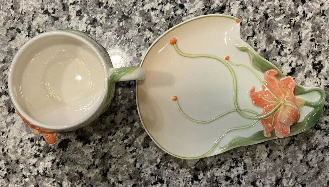 Floral Dream Orange Lily Flower Hand Painted Porcelain Cup & Saucer