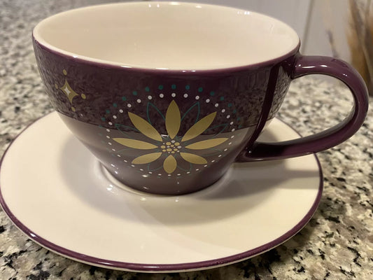 Set of Two Starbucks Purple with Gold Stars Coffee Mugs Tea Cups with Saucers 12 Oz