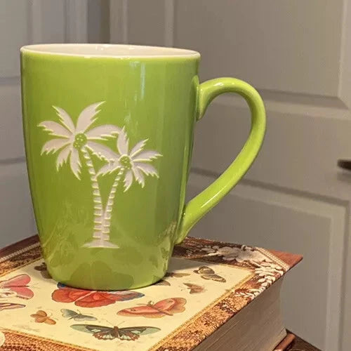 Cape Shore Yarmouth, Maine 14 Oz Lime Green & Etched White Palm Trees Coffee Mug