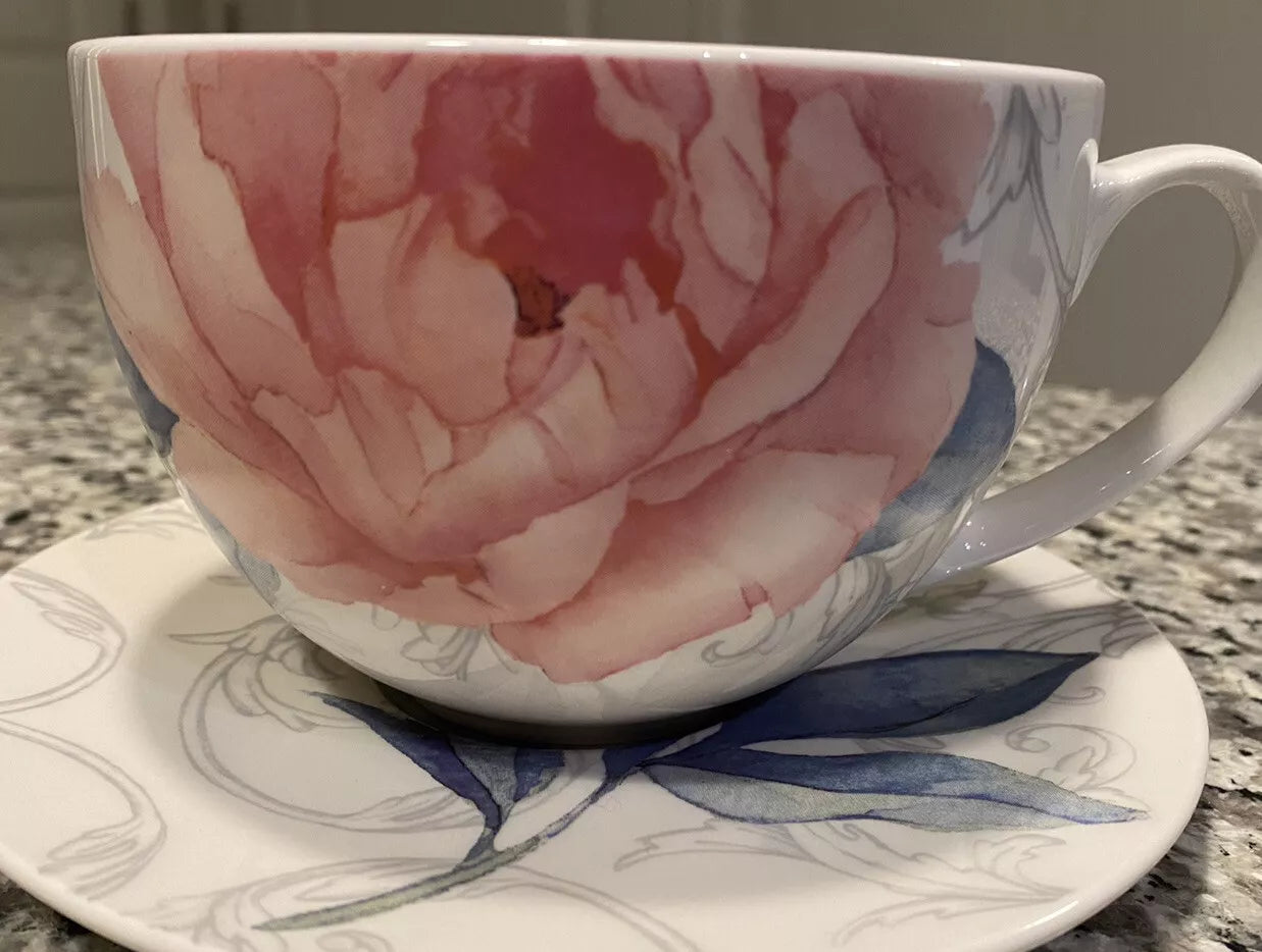 Martha Stewart Ivory with Pink Peony Coffee Mug Tea Cup & Saucer 18 oz